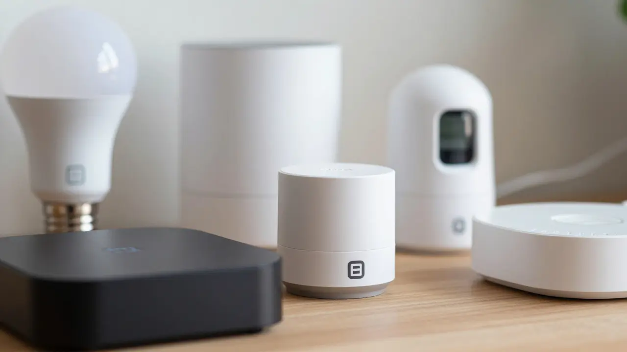 Verschiedene Smart-Home-Geräte mit Matter-Zertifizierung auf Holzoberfläche