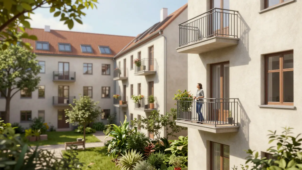 Wohnungseigentümer genießt den neuen Balkon im historischen Hof
