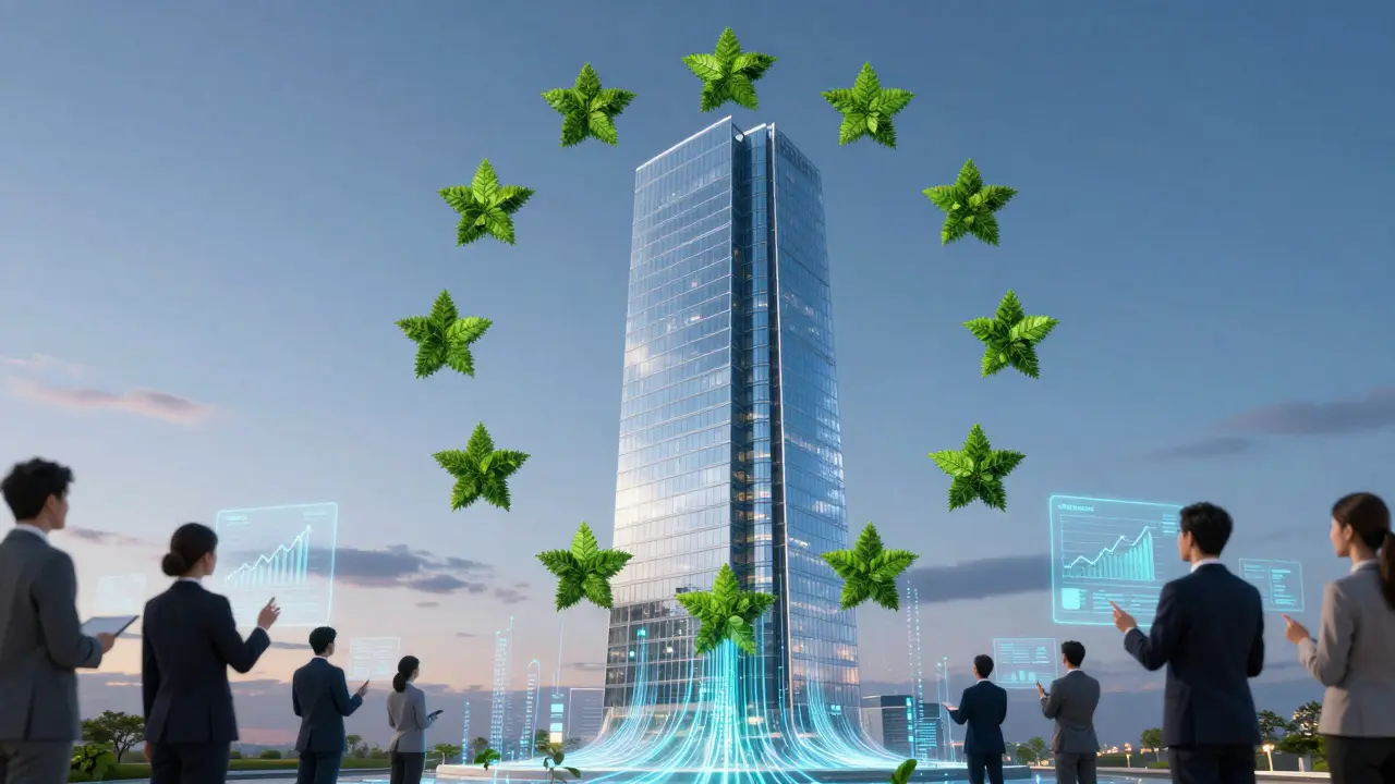 Zukunftsorientiertes Wolkenkratzer-Design mit EU-Taxonomie-Datenströmen