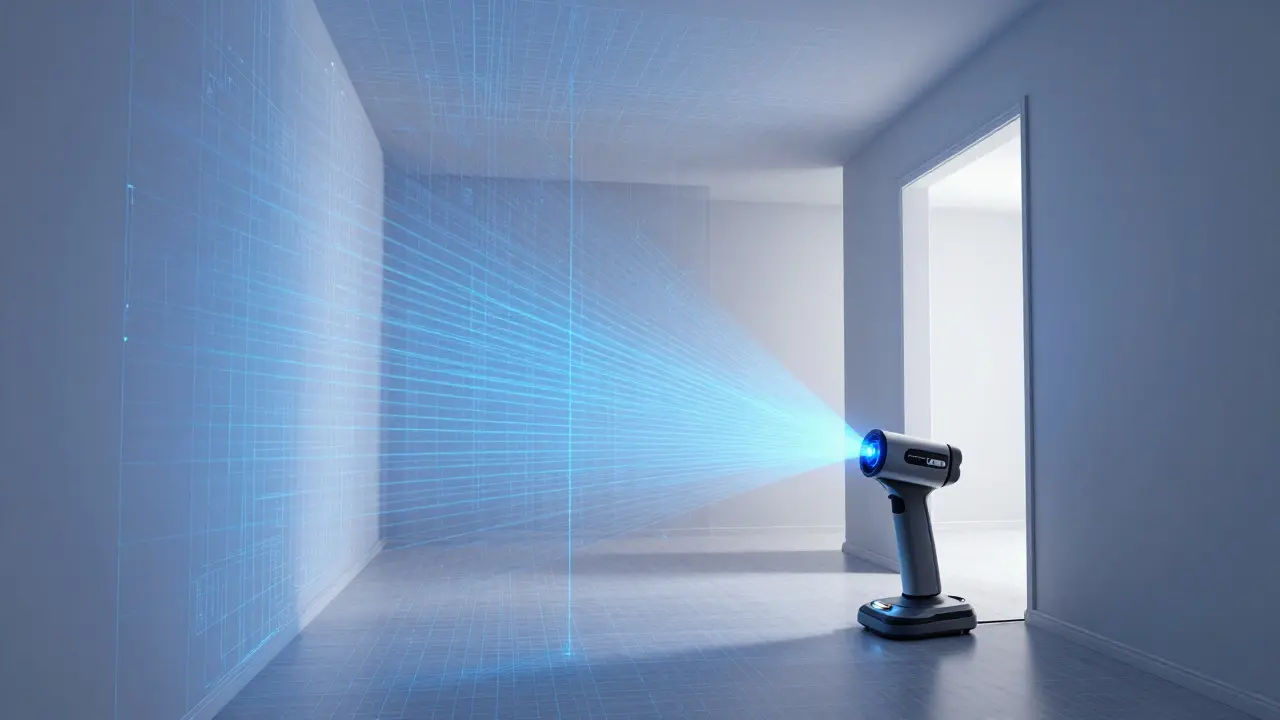 3D-Laserscanner erstellt digitales Raummodell im leeren Flur