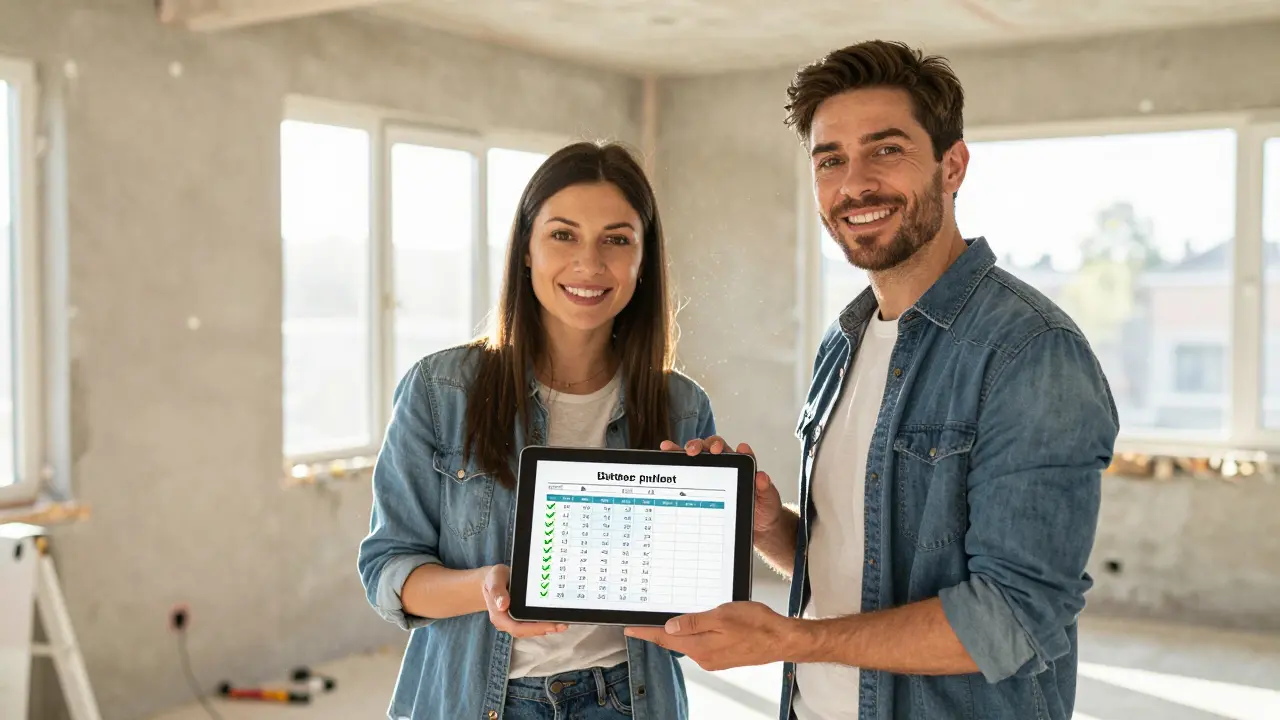 Architekt und Kunde besprechen Budgetplan im renovierten Raum