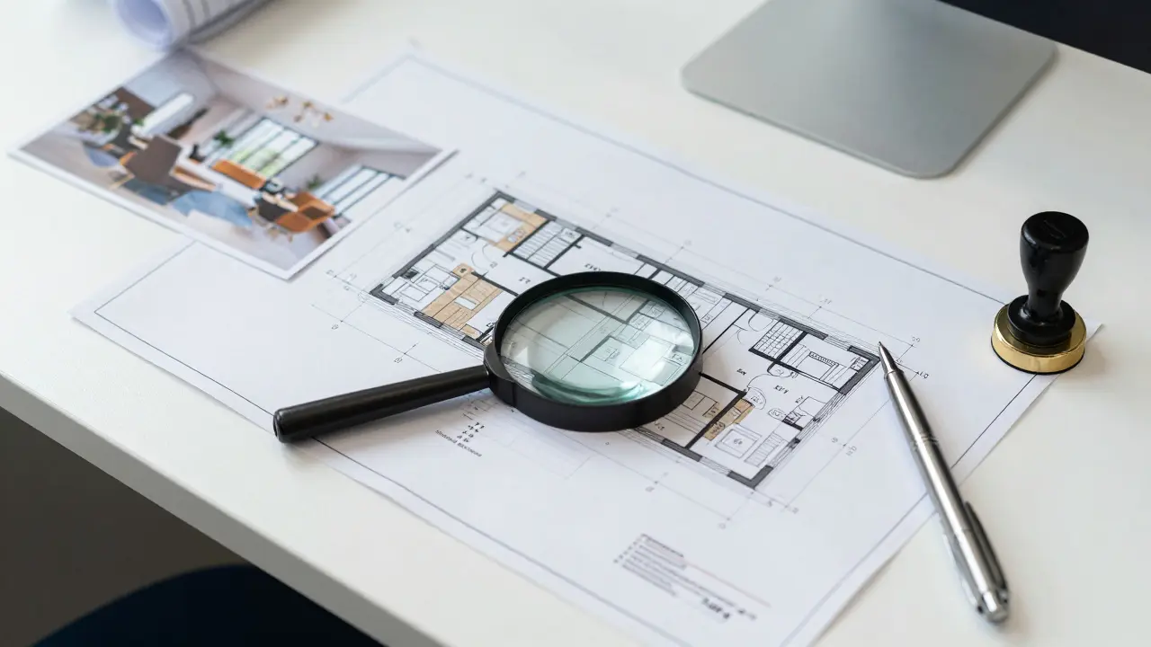 Blaupause und Fotos zur Immobilienbewertung