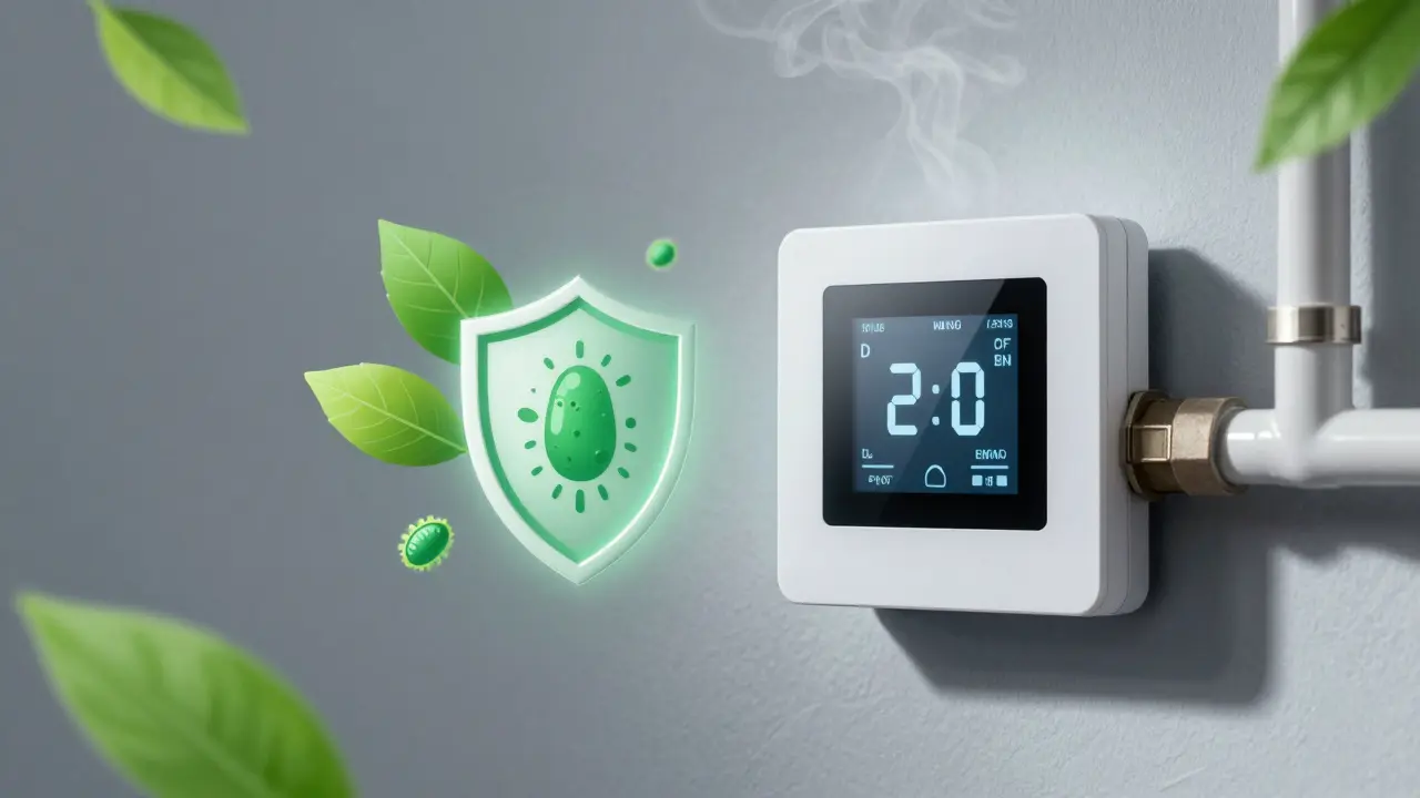 Digitales Thermostat und isolierte Rohre als Symbol für Effizienz und Hygiene