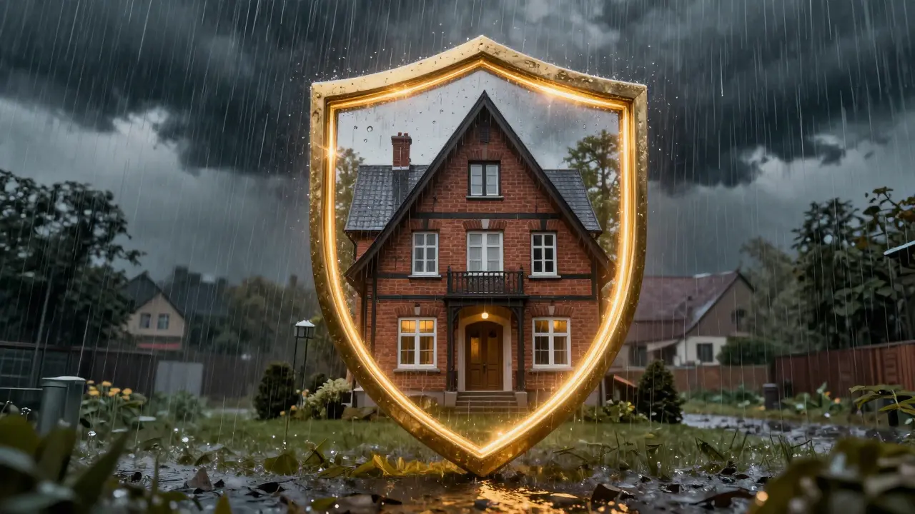 Ein Schutzschild um ein Haus während eines Sturms symbolisiert Absicherung
