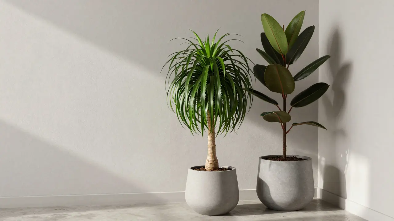 Elefantenfuß und Gummibaum in modernen Töpfen als Wohnzimmertrend
