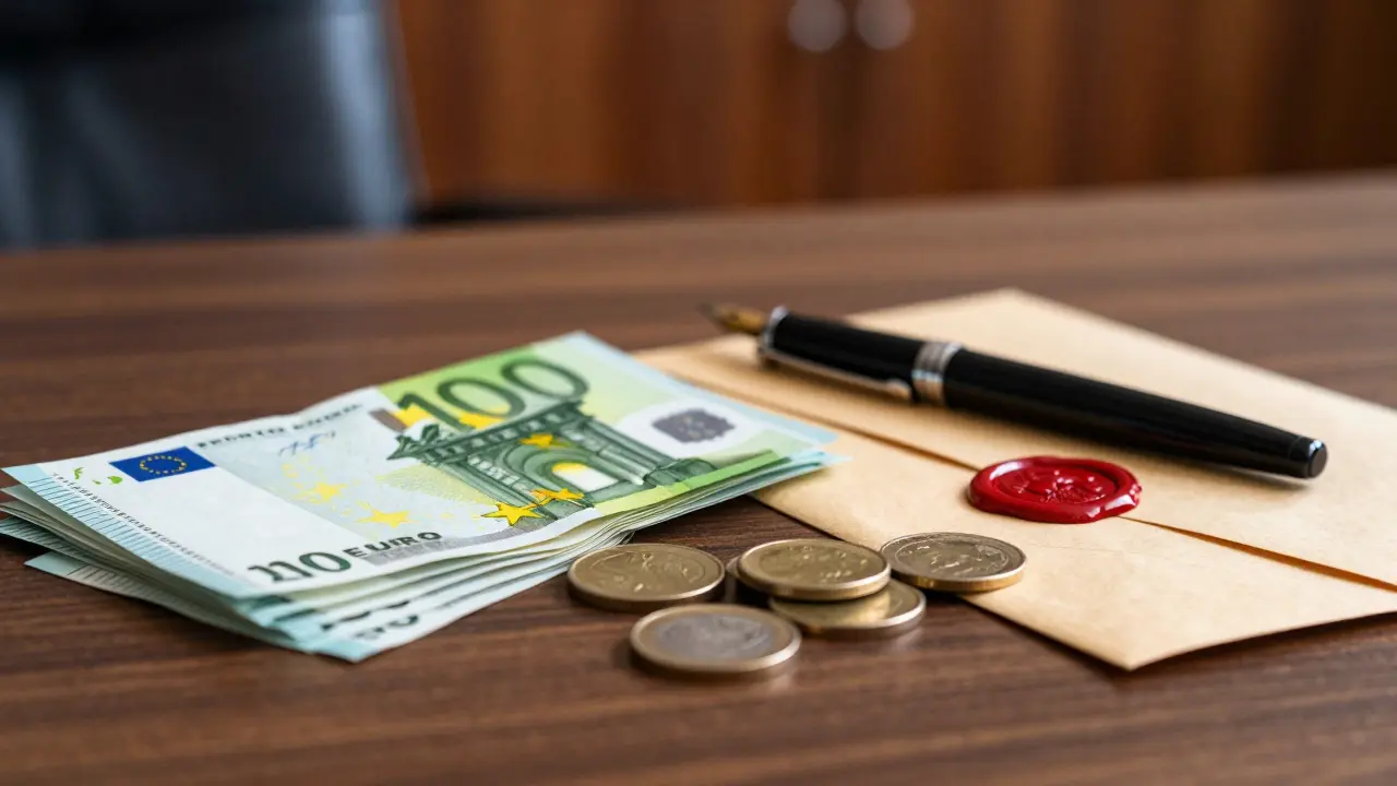 Euro-Banknoten und versiegelter Vertrag auf dem Schreibtisch