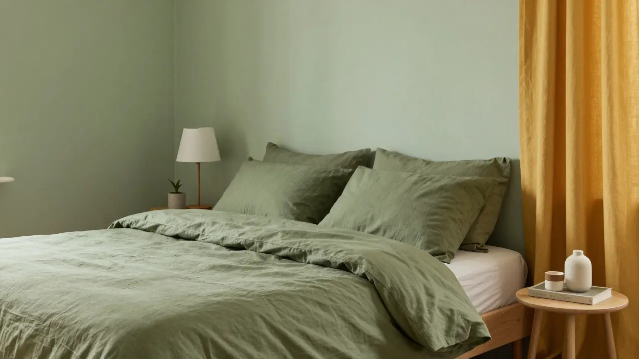 Gemütliches Schlafzimmer mit analogem Grün-Gelb-Farbschema
