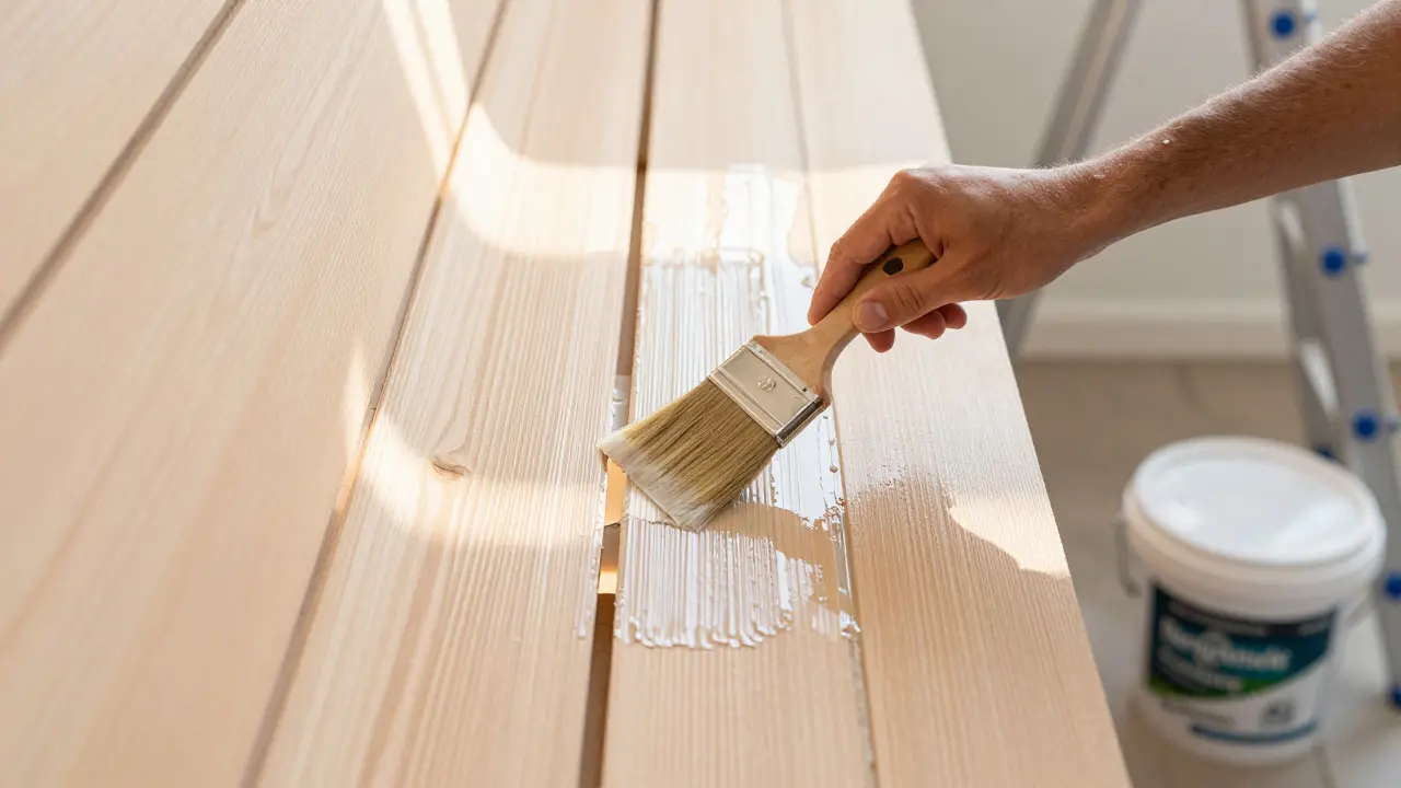 Handwerker trägt dünnen Farbanstrich auf saubere Holzverkleidung auf