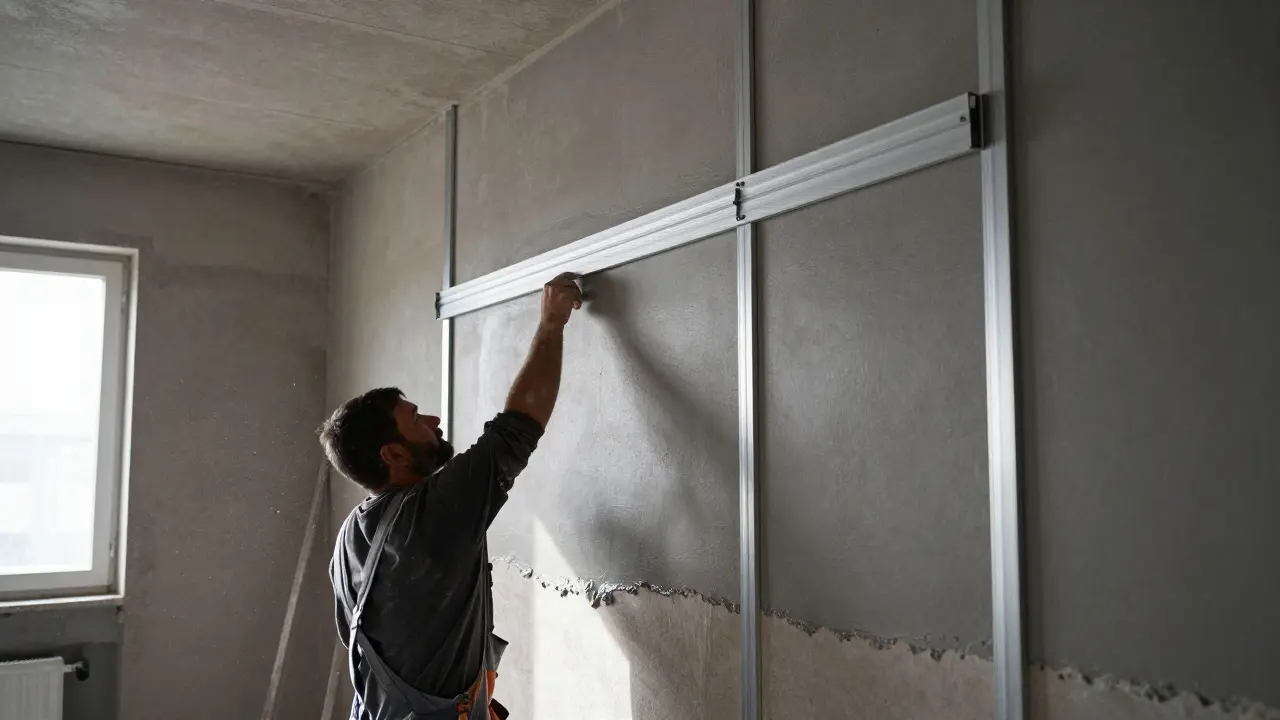 Handwerker zieht frischen Wandputz glatt zwischen Metallprofilen
