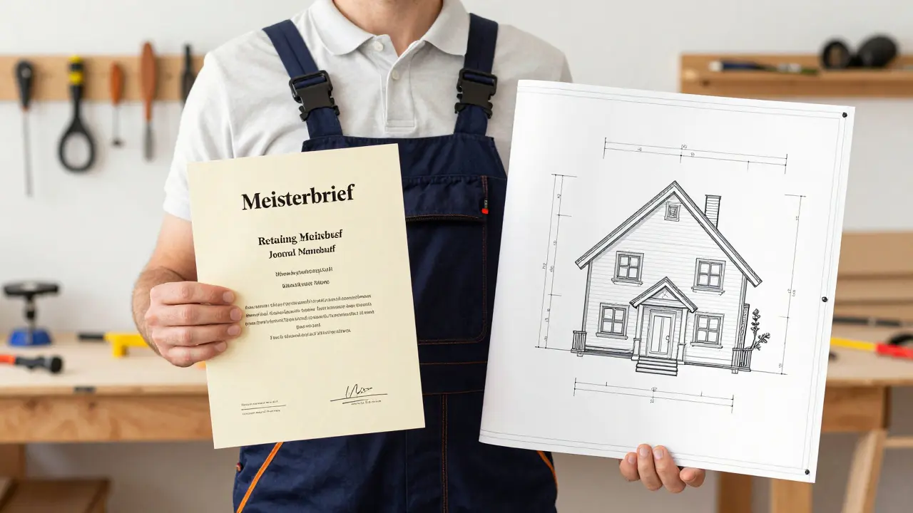 Handwerkermeister mit Zertifikat und Werkzeug in heller Werkstatt