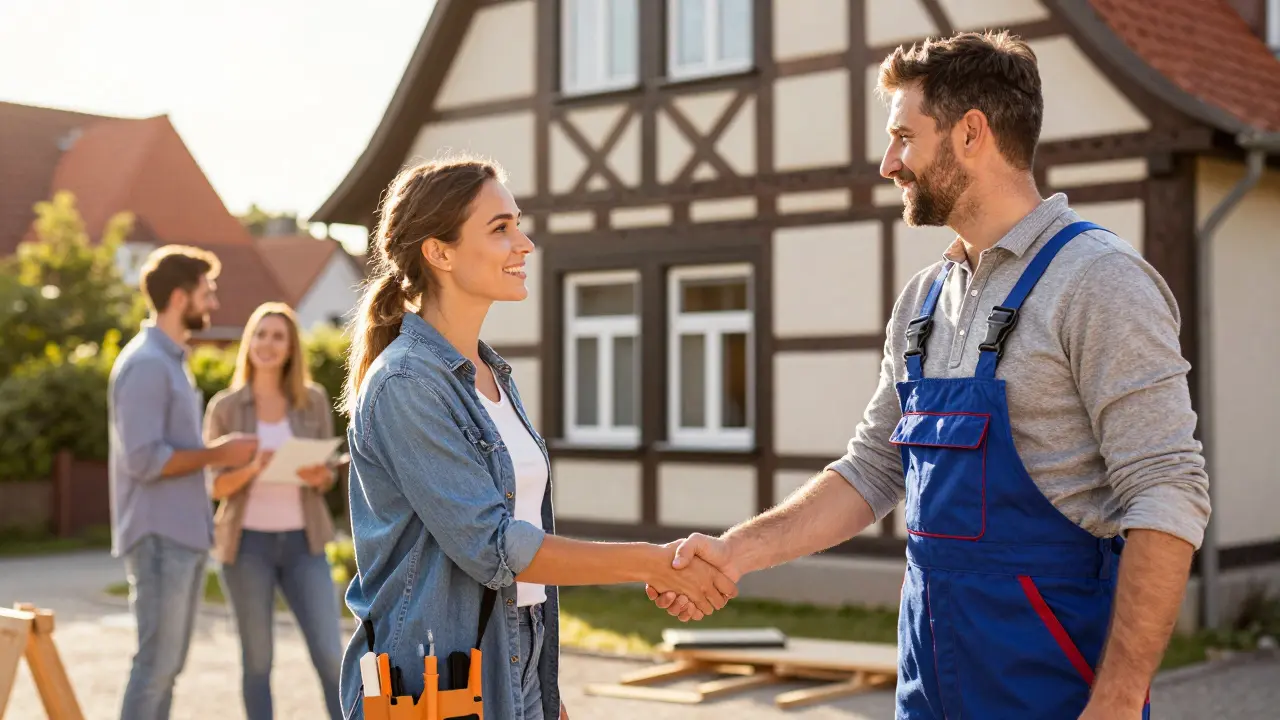 Hausbesitzer und Handwerker schütteln sich vor einem renovierten Haus die Hände