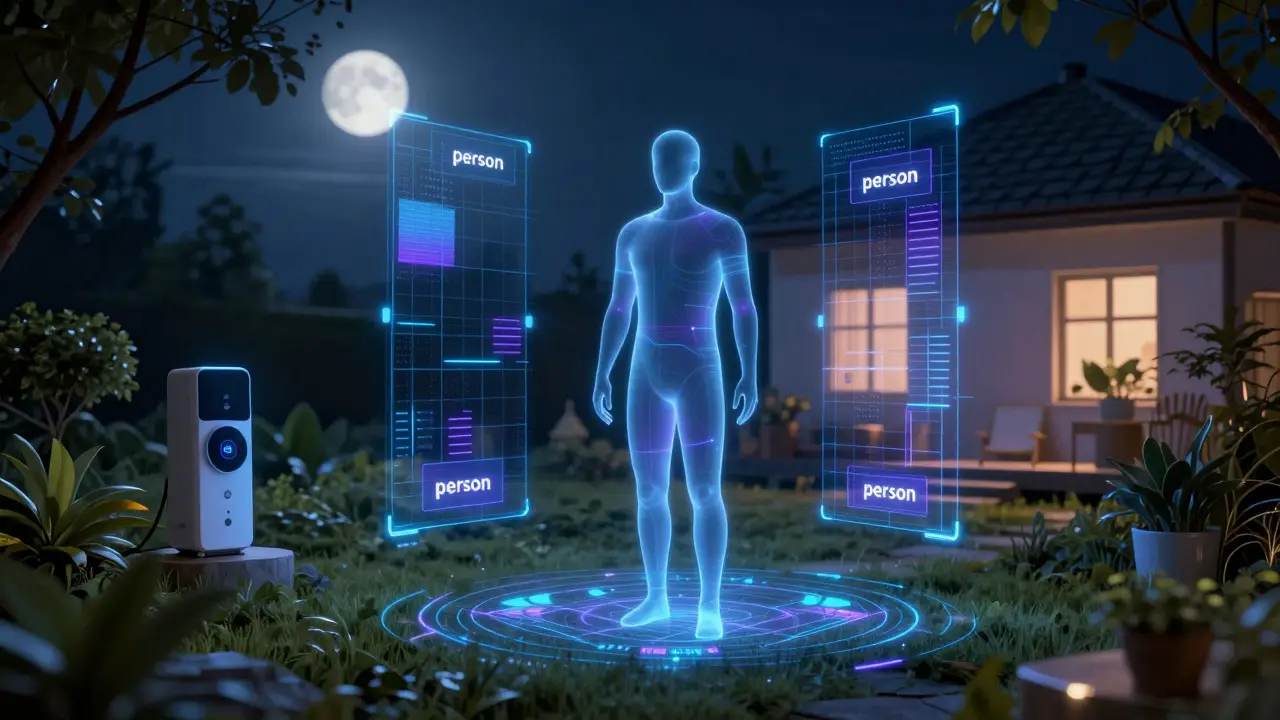 KI-gestützte Personenerkennung im Garten bei Nacht
