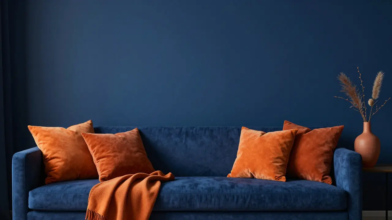 Modernes Wohnzimmer mit kontrastierendem Blau-Orange-Komplementärschema