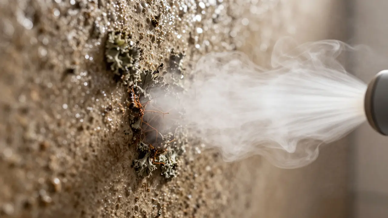 Nahaufnahme von Heißdampf, der Verschmutzungen auf Putz löst