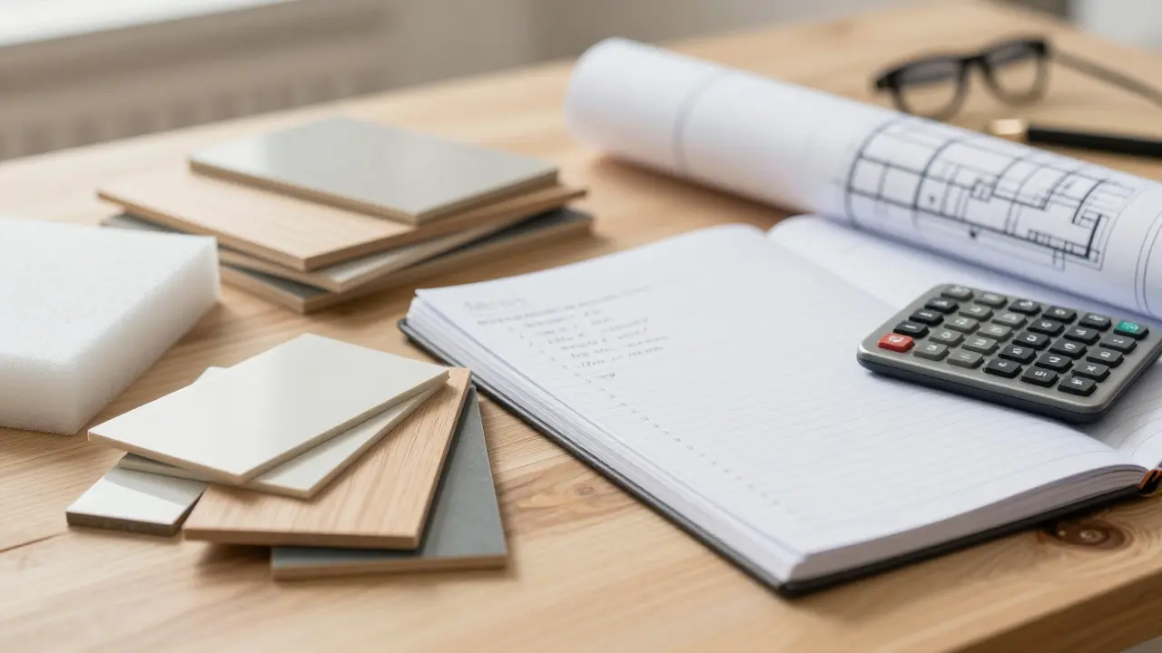 Renovierungsplan mit Baumaterialien, Notizbuch und Bauplan