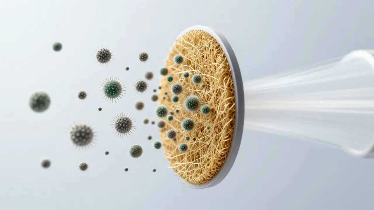 Schematische Darstellung von Schimmelsporen, die in einem HEPA-Filter gefangen werden