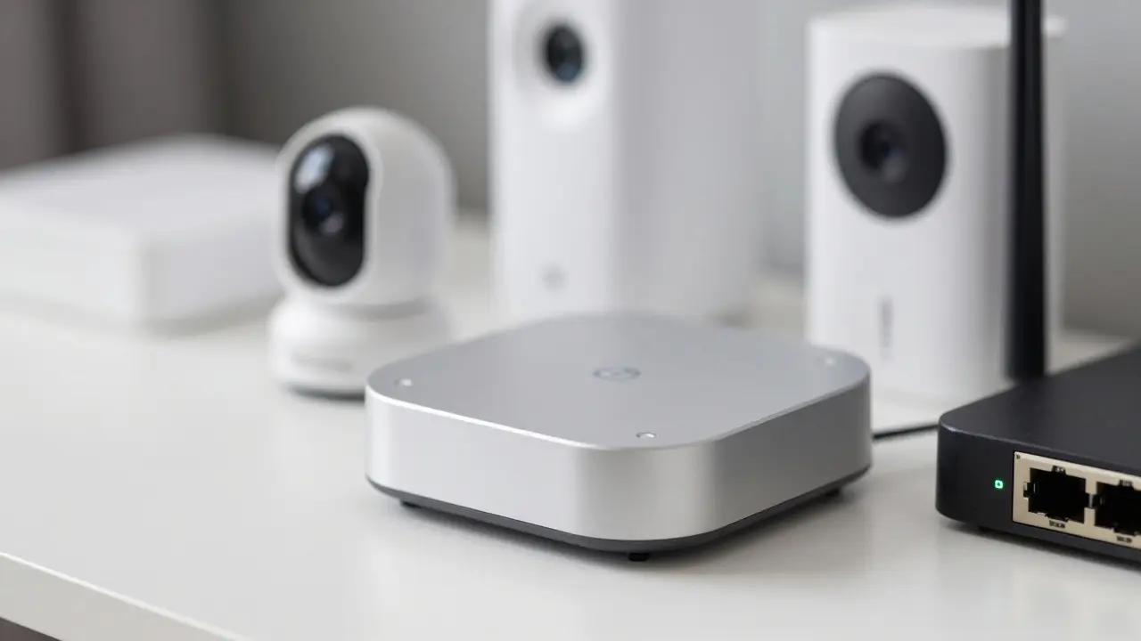 Smart-Home-Sicherheitshub mit Kamera und Router auf dem Tisch