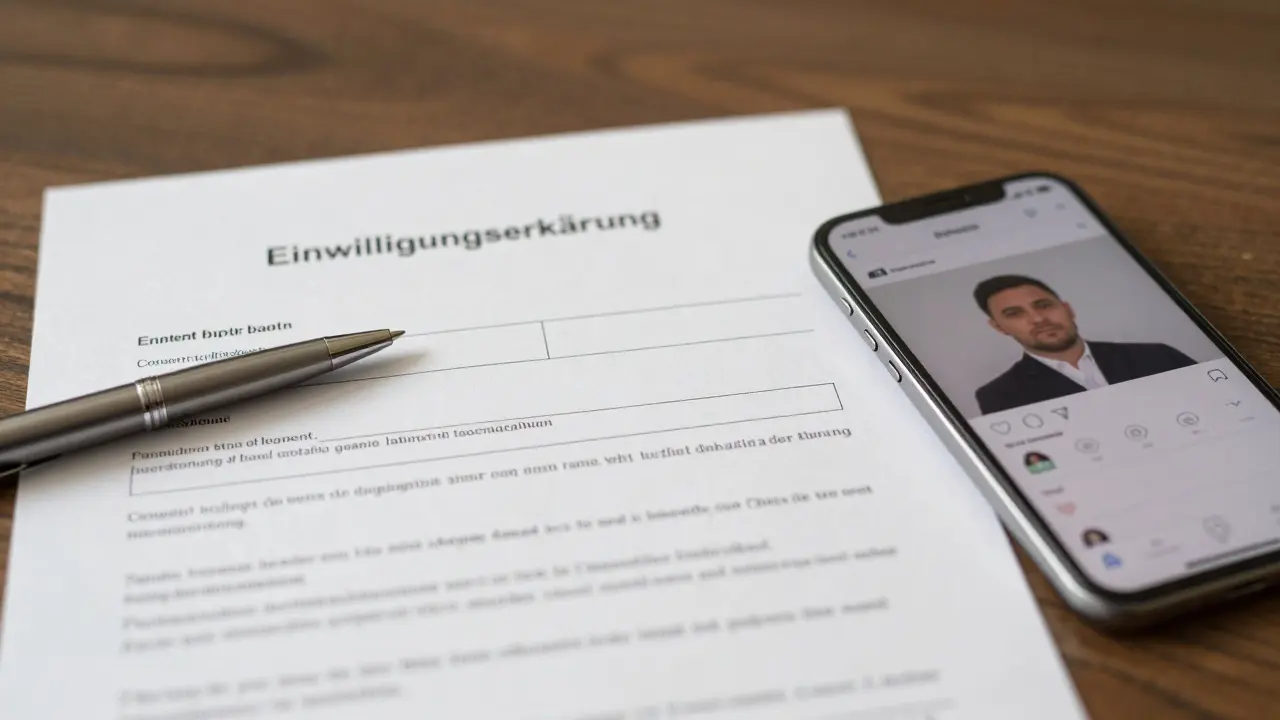 Unterschrift auf Einwilligungsformular neben Smartphone mit Fotos