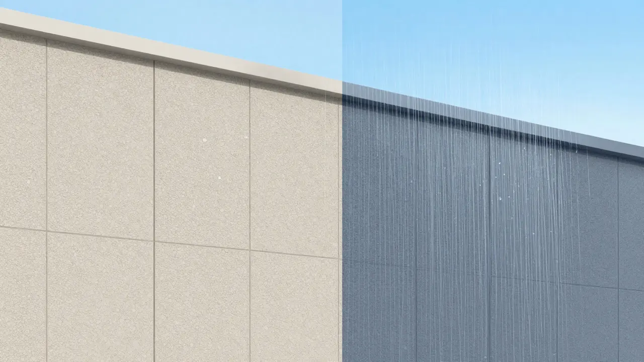 Wasserperlen auf einer imprägnierten, wasserabweisenden Fassade