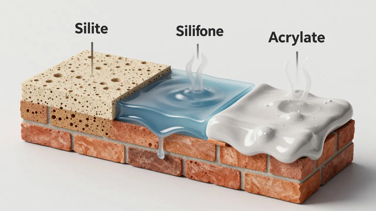 3D-Darstellung der verschiedenen Bindemittelschichten: Silikat, Silikon und Acrylat im Querschnitt.