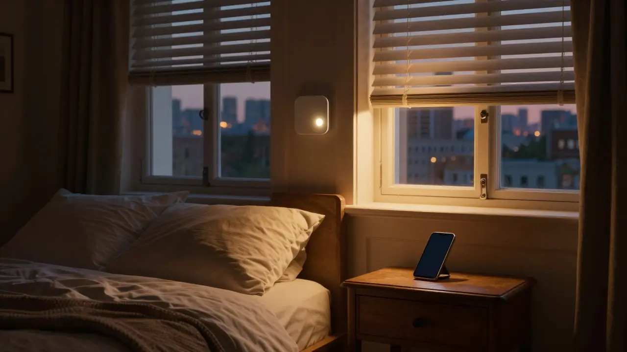 Abendstimmung im Altbau-Zimmer mit automatischer Beleuchtung und geschlossenen Rollläden