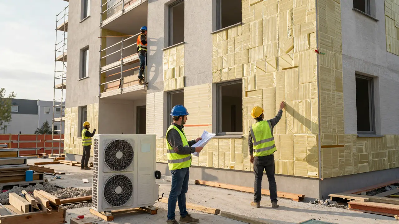 Arbeiter bei der energetischen Sanierung eines Wohngebäudes
