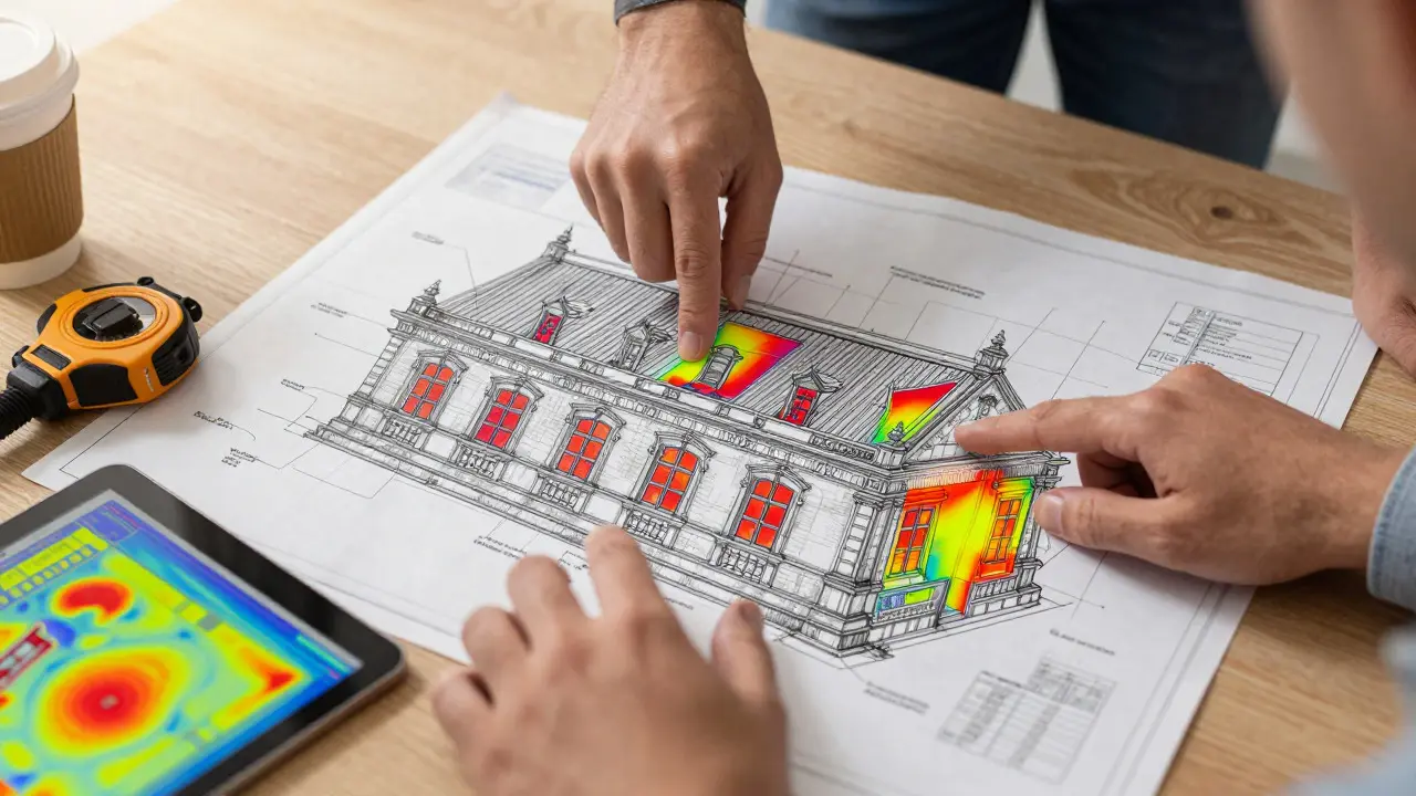 Architektenplan mit Wärmekarte für Altbausanierung