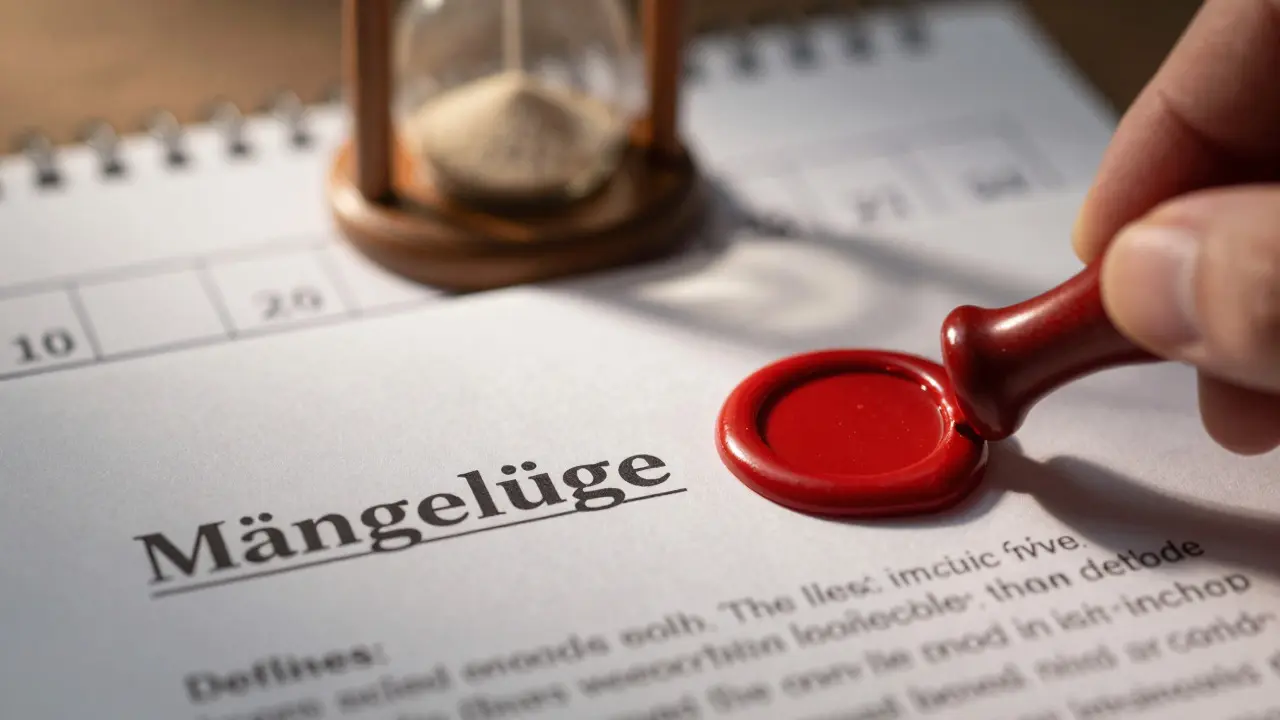 Brief mit Siegel und Sanduhr, Symbol für Fristen und Mängelrüge