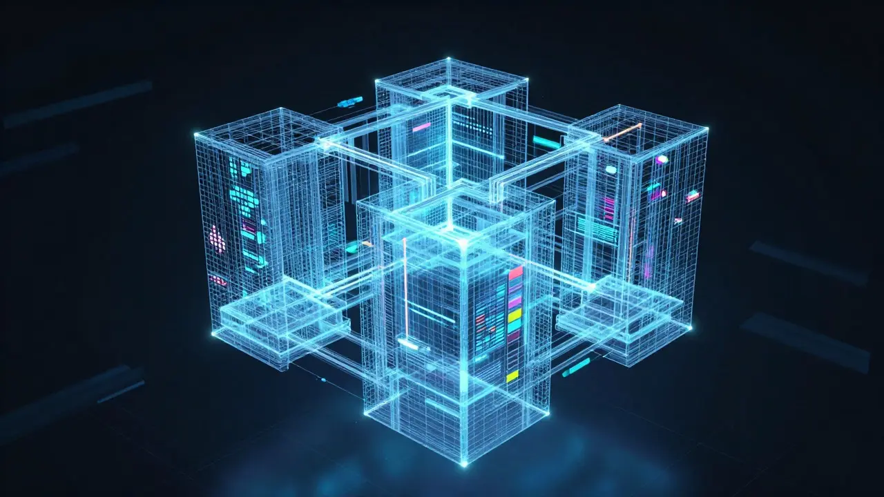 Digitales BIM-Modell mit Datenströmen und Strukturdetails