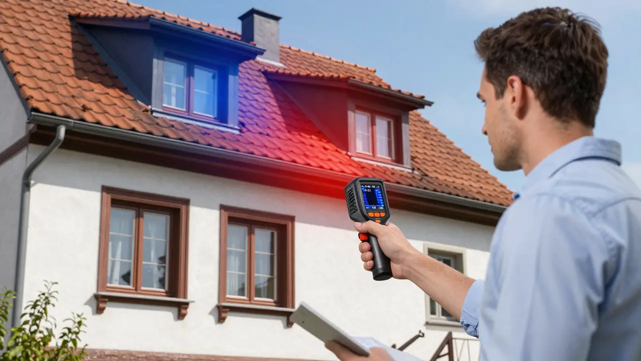 Energieberater prüft Haus mit Wärmebildkamera auf Isolationsfehler