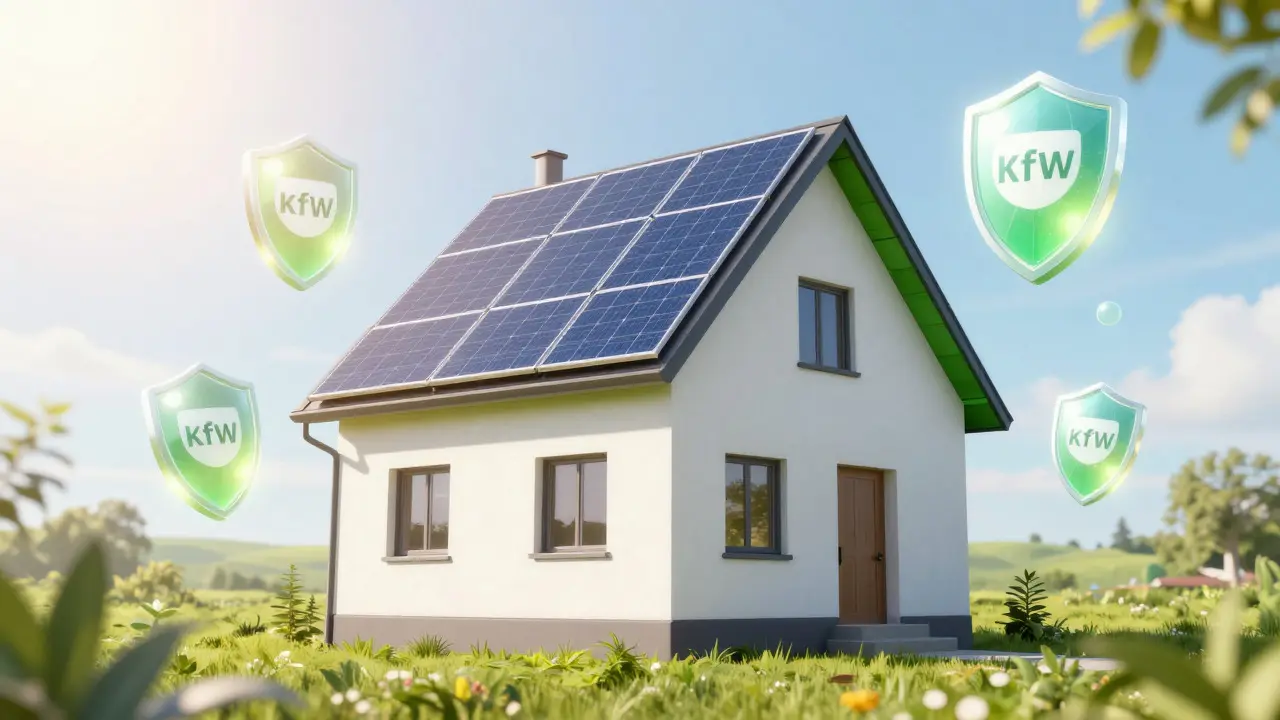Energieeffizientes Haus mit Schutzsymbolen für Förderung