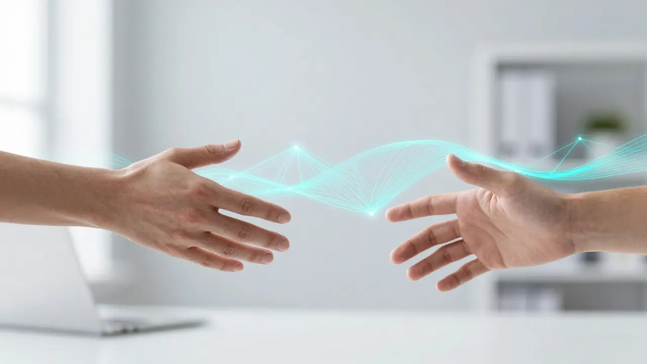 Glowing Code-Netzwerk verbindet zwei Hände, um automatisierte Smart Contracts darzustellen