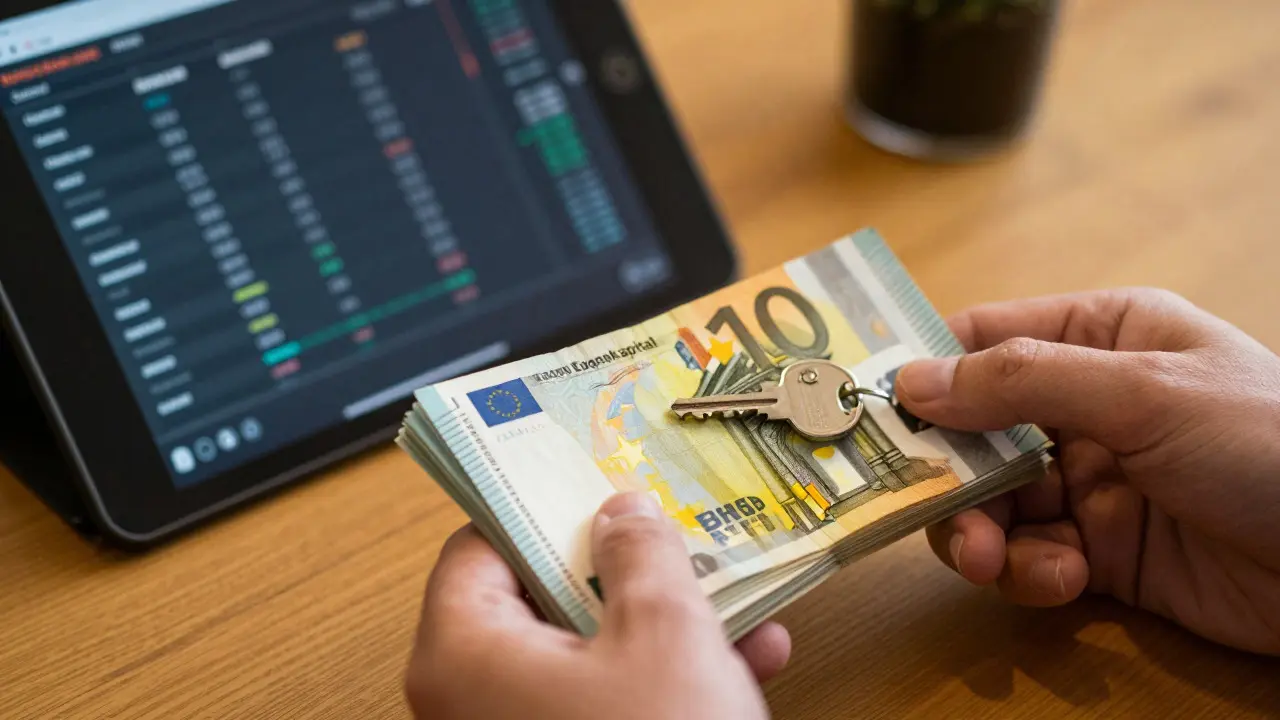Hände halten Euro-Scheine und Schlüssel auf Tisch neben Tablet