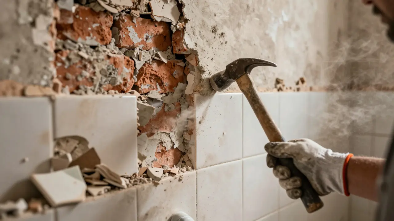 Handwerker entfernt alte Fliesen und Mörtel von einer massiven Ziegelwand