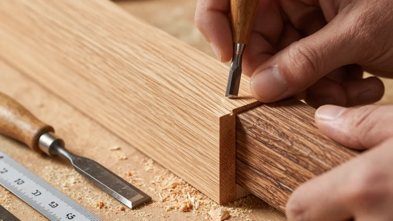 Handwerker führt präzise Holzverbindung bei Balkensanierung durch