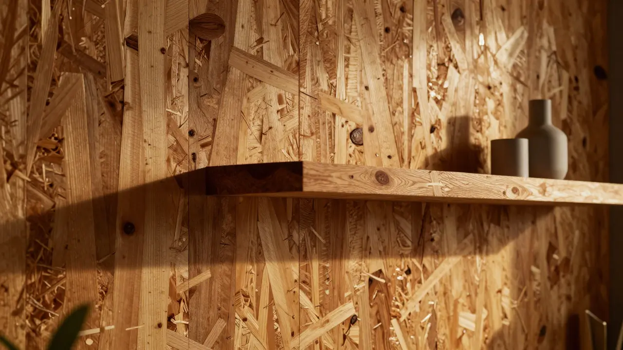 Industrieller Loft mit rohen OSB-Wänden und warmem Licht, rustikale Textur