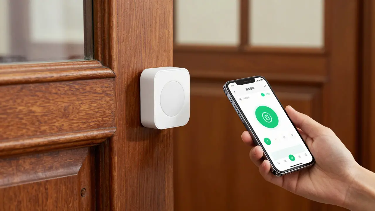 Installation eines kabellosen Funksensors an einem alten Holzfenster mit Smartphone-App