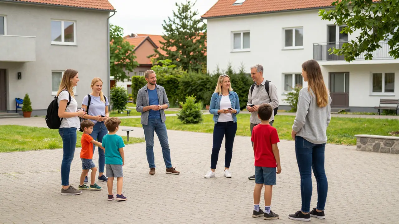 Nachbarn interagieren sicher im gepflegten Viertel