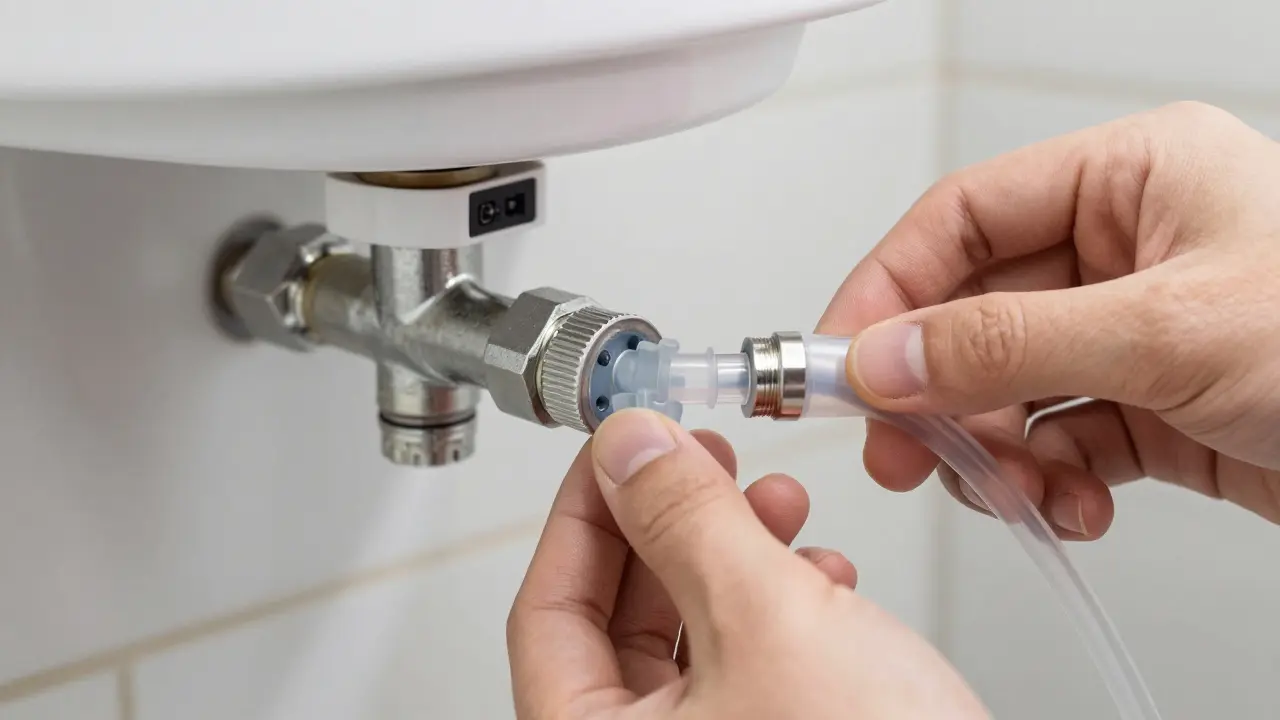 Nahaufnahme der Wasseranschluss-Installation eines elektrischen Bidet-Sitzes