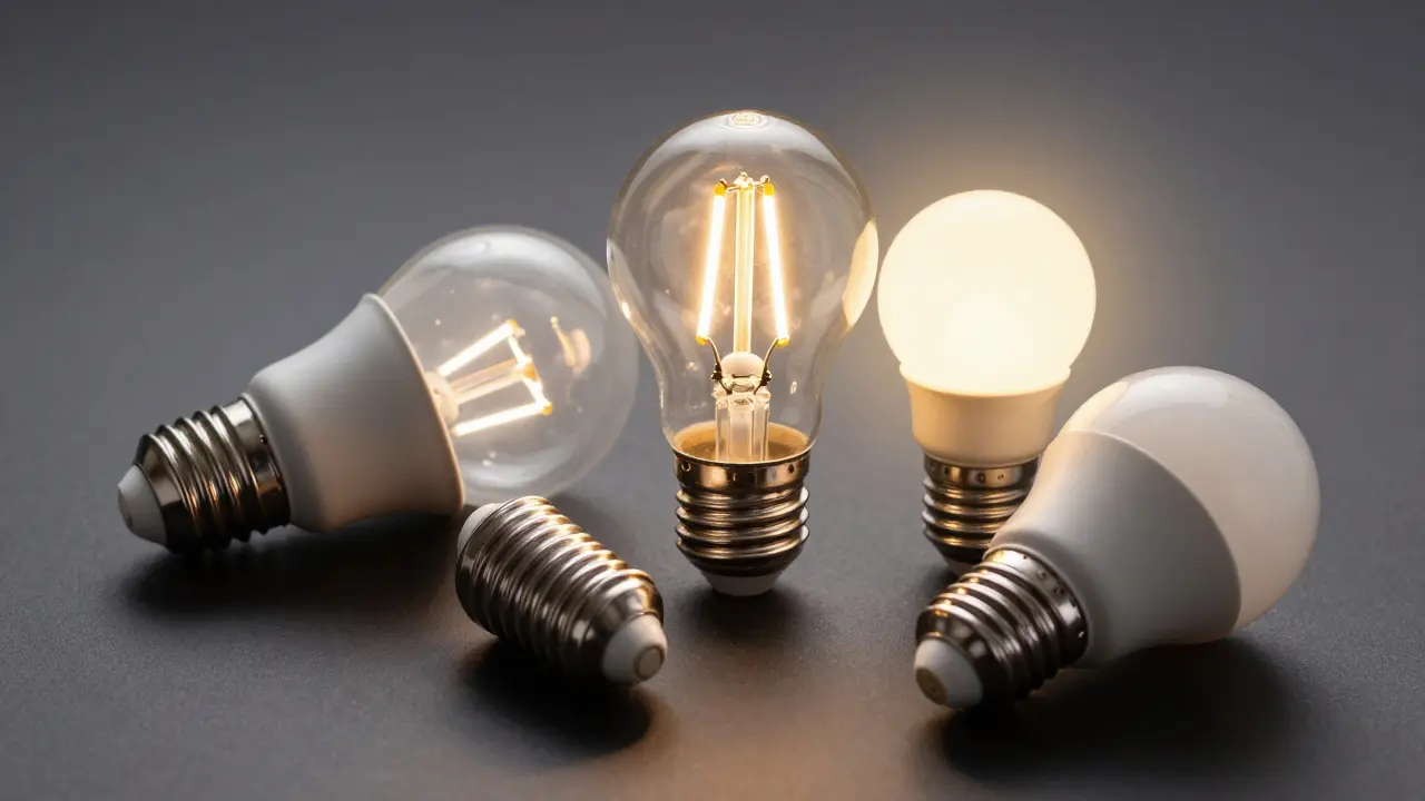 Nahaufnahme verschiedener LED-Lampenfassungen E27, E14 und GU10 auf dunklem Hintergrund