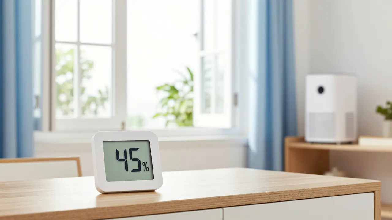 Offene Fenster für Stoßlüften und Hygrometer zeigen ideale Luftfeuchtigkeit