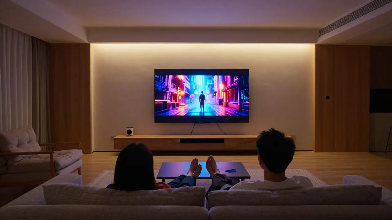 Paar entspannt auf der Couch im dunklen Wohnzimmer mit synchronisierter Kino-Beleuchtung.
