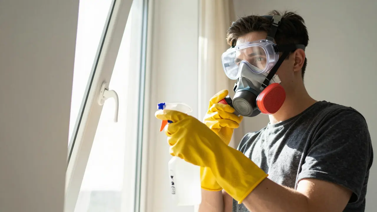 Person mit Schutzmaske und Handschuhen bereitet Raum zur Reinigung vor