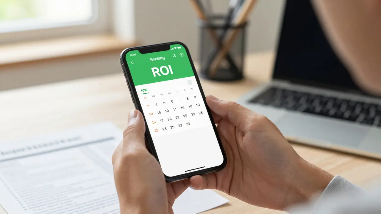 Person plant Buchungen am Smartphone im Homeoffice