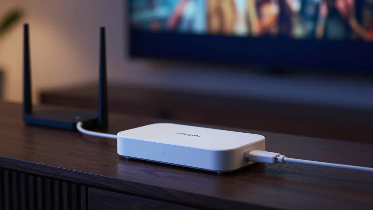 Philips Hue Bridge auf einem Medienregal als zentrales Steuerungselement für Smart Home.
