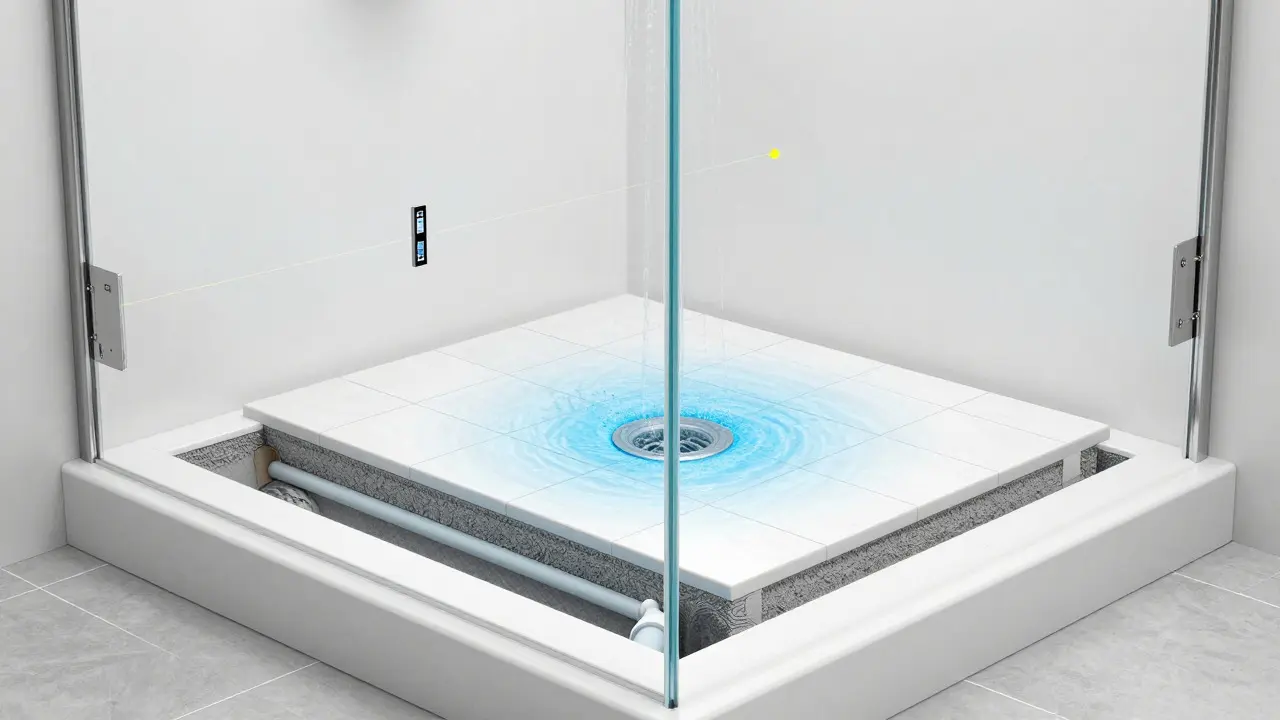 Schnittmodell einer bodenebenen Dusche mit sichtbarem Gefälle im Estrich