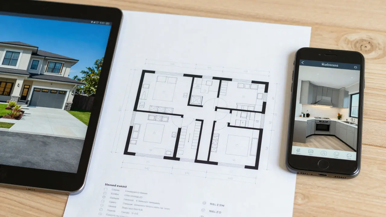 Tablet mit Hausfoto, Grundriss und Smartphone mit 3D-Tour auf Tisch