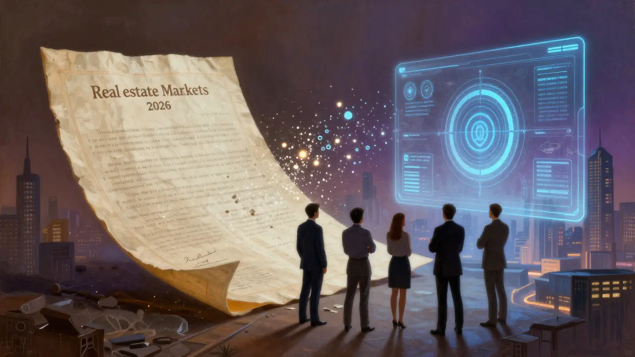 Traditionelle Urkunden verwandeln sich in digitale Daten über einer futuristischen Stadt