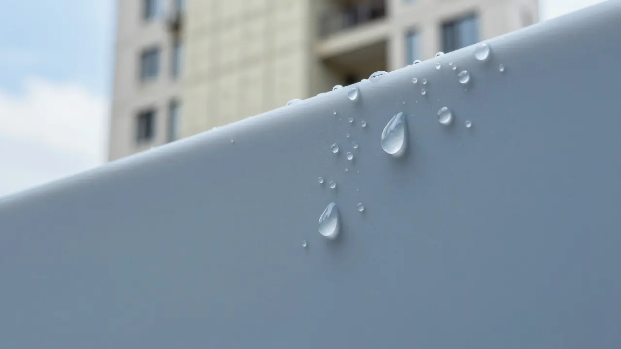 Wassertropfen perlen auf einer hydrophoben Silikonharz-Fassadenfarbe ab, Schutz vor Feuchtigkeit.