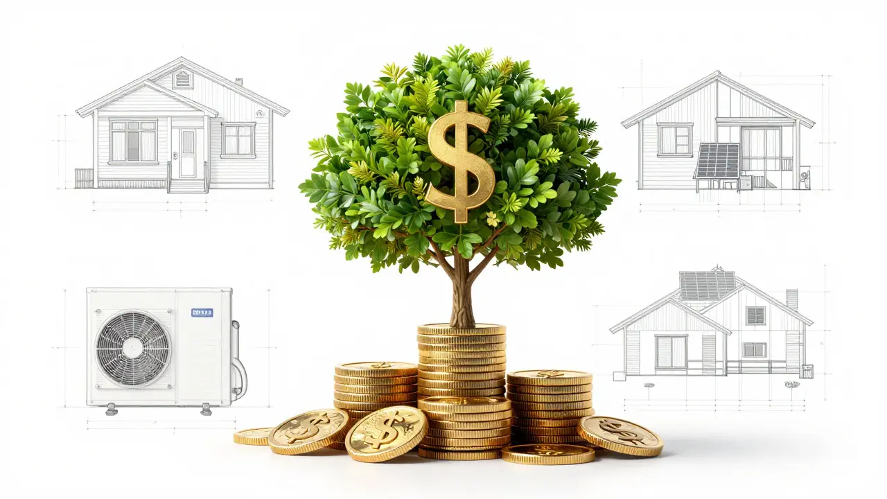 Abstract concept of money turning into a green leaf, symbolizing financial savings from energy efficiency